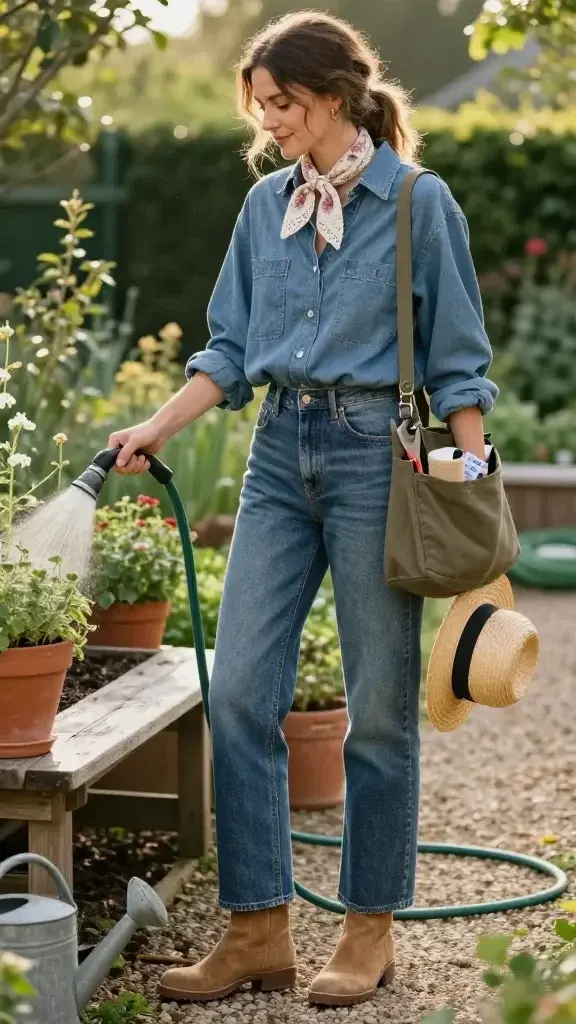 Golden-hour garden scene featuring a cozy gardener woman with a soft rustic vibe: she stands on a gravel path beside raised herb beds and terracotta pots, lightly misting plants with a garden hose. She wears a slightly oversized chambray workshirt with patch pockets, sleeves rolled to the forearms, half-tucked into high-rise vintage-wash straight-leg denim with subtle whiskering. On her feet: sand-colored suede desert boots with crepe soles, slightly scuffed. Around her neck: a delicate floral kerchief with lace-trim edges in muted rose and cream. She carries a sturdy olive canvas tote with exterior pockets stuffed with pruners, twine, seed packets, and a folded straw hat peeking out. Minimal makeup, soft wavy hair loosely tied back with tendrils escaping, small gold hoop earrings. Setting includes a weathered wooden potting bench, galvanized watering cans, coiled green hose, and sun-dappled greenery. Warm, natural light, shallow depth of field, realistic textures (denim grain, suede nap, canvas weave), candid posture with a gentle smile, editorial fashion photography style, 50mm lens, high-resolution, no text.