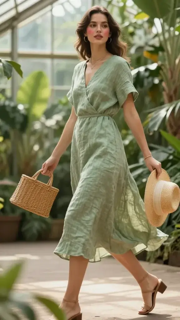 Photo-realistic fashion editorial shot in a lush botanical greenhouse: a woman in a breezy midi linen dress that gently floats as she walks, captured mid-step with soft-focus bokeh of tropical greenery and diffused sunlight filtering through glass panes. Dress color: sage green with a subtle A-line wrap cut, natural texture visible, slightly wrinkled linen for authenticity. Footwear: nude low block-heel sandals. Accessories: delicate layered gold necklaces, thin gold hoop earrings, a slim gold bracelet. She carries a small rattan mini bag with a short handle in one hand and holds a straw boater hat with a thin cream ribbon band in the other. Styling: minimal, romantic makeup with flushed cheeks, dewy skin; soft wavy hair loosely tucked behind one ear. Composition: three-quarter body shot, eye level, slight motion blur at the hem to convey movement; foreground leaves framing, backlit highlights on linen; warm, airy color palette. Lighting: natural, soft, and dappled through foliage; shallow depth of field. High-resolution, editorial quality, no text, no logos.