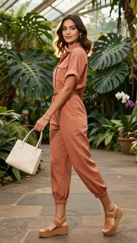 Golden-hour fashion photograph in a lush conservatory botanical garden, glass ceiling filtering warm sunlight onto tropical foliage and ferns. Main subject: stylish woman in her late 20s, medium-brown skin, shoulder-length loose waves, soft natural makeup with dewy highlight. She wears a monochrome lightweight utility-style jumpsuit in soft terracotta with short sleeves, a relaxed tapered leg cropped at the ankle, and a slim tan leather belt cinching the waist. Footwear: comfortable tan platform sandals with wide straps. Accessories: small gold hoop earrings, delicate gold bangle, and a structured mini tote in cream carried in one hand. She’s mid-twirl on a stone pathway, the jumpsuit catching movement, looking over her shoulder with an easy smile. Background details: towering monstera leaves, philodendrons, and orchids in bloom; dappled light; slight depth-of-field blur. Styling notes: polished yet effortless, monochrome palette, no logos, natural color grade, realistic textures and fabric drape. Camera: full-body shot at eye level, 50mm lens, shallow depth of field, soft backlight rim on hair, high-resolution editorial fashion quality.