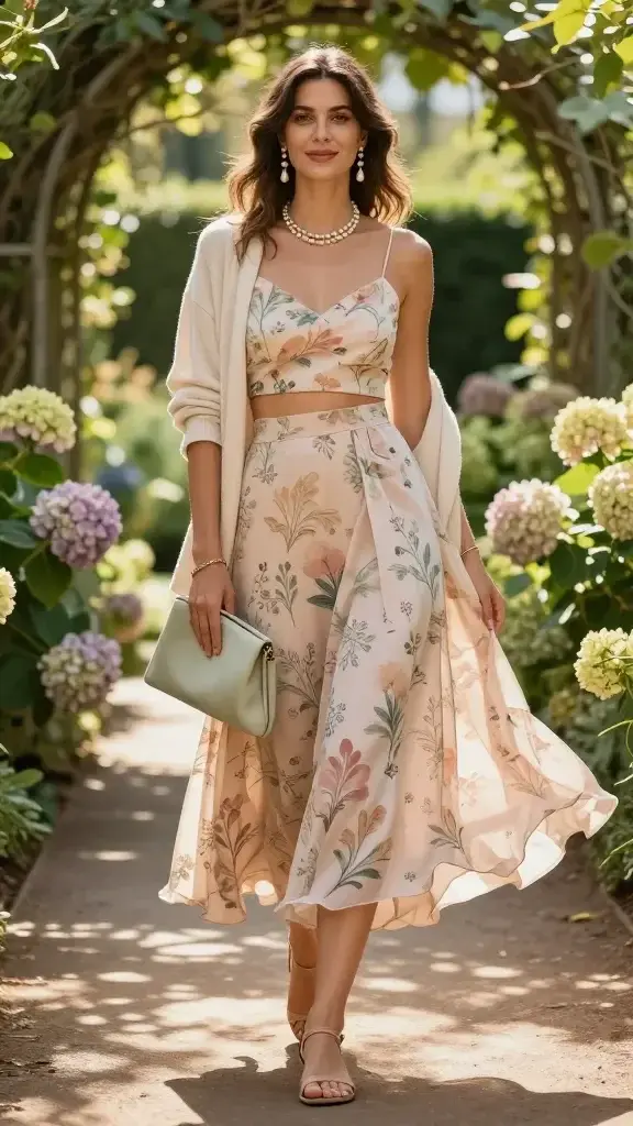 Golden-hour fashion photograph of a woman in a botanical garden wearing a coordinated floral two-piece set: a cropped top with delicate straps and a high-waisted, flowy midi skirt in soft blush with petal-perfect pastel botanical prints. She pairs it with nude strappy flat sandals, beaded pearl drop earrings, a thin gold chain bracelet, and carries a petite pastel sage soft clutch. A lightweight ivory cardigan is draped over her shoulders. She stands on a sun-dappled path lined with lush greenery, blooming hydrangeas, and arching vines, with bokeh light filtering through leaves. Natural, fresh makeup and loose waves, soft smile, relaxed pose with one hand grazing the skirt as it moves. Styling emphasizes texture and realism: gentle fabric movement, subtle sheen on pearls, fine grain of the clutch, sun-kissed skin tones. Shallow depth of field, 50mm lens look, high-resolution editorial street-style vibe, warm color grading, no text.
