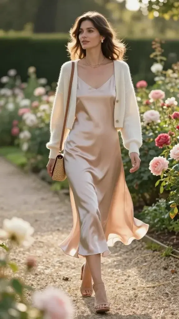 Golden-hour garden date scene with an elegant woman strolling along a rose-lined gravel path, wearing a fluid midi silk slip dress in soft blush that catches the light, paired with a cropped cream cashmere cardigan that drapes lightly over her shoulders. She has block-heel nude sandals, delicate layered gold necklaces, pearl stud earrings, and carries a small woven crossbody bag with a slim leather strap. Her hair is softly waved, natural glowing makeup, and a relaxed romantic expression. The cardigan moves gently in a breeze, the slip’s satin sheen reflecting warm sunlight. Background: lush botanical garden with blooming roses, peonies, and soft greenery; dappled light filtering through trees; blurred bokeh flowers in the foreground. Composition: three-quarter body shot, eye-level, candid walking motion, cardigan and hem subtly fluttering. Color palette: blush, cream, and champagne tones with sage green accents. Photographic style: realistic high-resolution fashion editorial, shallow depth of field, soft backlight and rim light, fine fabric texture detail, no text.