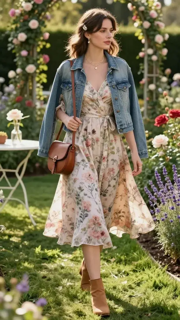 Golden-hour garden date scene with an elegant woman strolling along a lush, manicured lawn lined with blooming roses and lavender, captured in a high-resolution, natural-light fashion photograph. She wears a romantic floral midi day dress in soft pastels with a subtle botanical print, featuring puff sleeves and a defined waist with a tie belt, a gentle A-line skirt swaying as she walks. On her feet: low-heeled ankle boots in camel leather to avoid sinking into the grass. Layered over her shoulders: a light, slightly faded denim jacket worn open. Accessories: stacked gold rings, a delicate gold charm necklace, and a natural leather crossbody saddle bag resting at her hip. Hair is softly waved, half-up with a pearl-accented clip. Makeup is fresh and dewy, with a soft pink lip. Background includes dappled sunlight, a white bistro table with a single peony in a bud vase, and blurred trellises draped in climbing roses. Shallow depth of field, 50mm lens look, editorial street-style framing, soft color grading with warm highlights, no text, ultra-realistic detail.