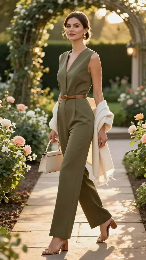 Golden-hour garden date scene featuring an elegant woman in a polished, tailored jumpsuit, styled for modern romance and ease. She stands on a stone pathway lined with blooming roses, jasmine, and soft greenery, dappled sunlight filtering through trees. She wears a wide-leg, straight-cut olive jumpsuit with a defined waist, cinched by a slim tan leather belt; subtle V-neck and clean, sculpted seams that create a statuesque silhouette. Footwear: tan block-heel mules. Accessories: sculptural gold drop earrings, a mini cream top-handle bag, and a lightweight cream shawl draped loosely over one forearm for evening chill. Hair in a smooth low chignon, soft natural makeup with a dewy glow. She’s mid-stride, turning slightly to smile, looking effortless yet refined. Background bokeh of garden arches and softly lit lanterns, warm sunset tones, shallow depth of field, natural color grading, high-resolution editorial fashion photography, 85mm lens look, no text.