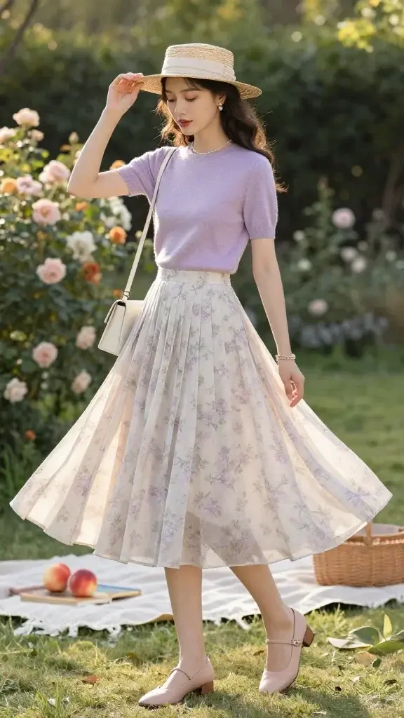 Golden-hour garden date scene featuring an elegant woman in a romantic, relaxed outfit, captured in a high-quality, realistic fashion photograph. She stands on a sun-dappled lawn beside blooming roses and wildflowers, mid-twirl so her flowy midi A-line skirt (soft pastel floral print with gentle pleats) fans lightly. On top, she wears a fine-knit short-sleeve cashmere tee in pale lavender, softly fitted at the waist. Footwear: blush leather Mary Janes with a low block heel. Accessories: layered delicate charm bracelets, tiny pearl stud earrings, and a petite ivory leather shoulder bag with a slim strap. A straw boater hat with a narrow ribbon rests slightly tilted, casting a soft shadow across her face. Styling emphasizes effortless romance and practicality—skirt length and fabric allow comfortable sitting on the grass. Natural makeup with a rosy lip and fresh skin; hair in loose, slightly tousled waves. Background includes a rustic picnic setup: light linen throw, a woven basket, and a couple of peaches and a book, slightly out of focus. Lighting is warm and diffused, with soft backlight and gentle bokeh from foliage. Camera: full-body three-quarter angle, eye-level; lens ~50mm for natural perspective; shallow depth of field; color palette of pastels, creams, and greens; no text.