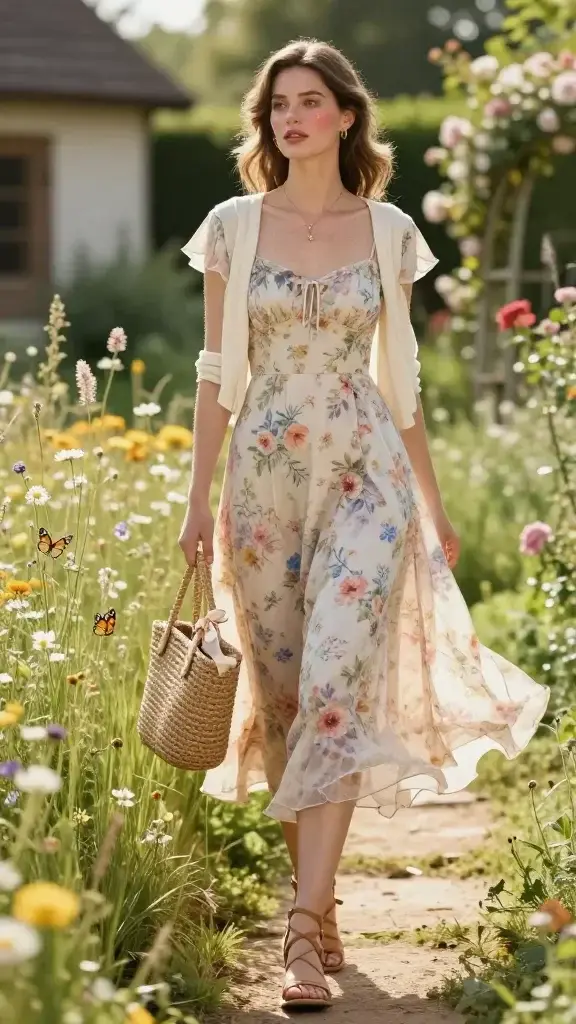 Golden-hour fashion photography of an elegant woman in a dreamy Garden Core setting: she stands in a sunlit wildflower meadow beside a rustic garden path, wearing a floral chiffon midi dress with a fitted bodice and flutter sleeves in soft pastels, layered with a lightweight cream cardigan draped over her shoulders. She carries a woven straw tote with a satin ribbon tie, and wears tan strappy leather sandals. Styling details: delicate gold pendant and tiny hoop earrings, soft wavy hair loosely pinned, natural dewy makeup with rosy cheeks. Scene: dappled sunlight, gentle breeze lifting the dress hem, butterflies and tall grasses, blurred cottage and trellis roses in the background, shallow depth of field, soft bokeh. Realistic, high-resolution, editorial quality, warm color palette, 50mm lens look.