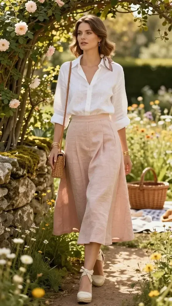 Golden-hour “Garden Core” portrait of an elegant woman styled as picnic royalty strolling through a wildflower-filled country garden path. She wears a crisp white linen button-front blouse tucked into a high-waisted blush linen midi skirt with subtle pleats, the skirt catching a gentle breeze. On her feet: cream espadrille wedges with ribbon ankle ties. She carries a small cane/rattan crossbody bag with a woven flap, and her jewelry is refined—stacked gold bangles and delicate hoop earrings. Soft, natural makeup, loosely pinned waves, and a silk scarf tied at the nape. She pauses beside a mossy stone wall and climbing roses; dappled sunlight filters through fruit trees, casting soft shadows. A gingham picnic blanket and a vintage wicker hamper sit blurred in the background. Styling emphasizes breathable textures and aristocratic ease; color palette of whites, blush, sand, and warm gold. Shot on a full-frame camera with a 50mm lens, shallow depth of field (f/2), ultra-realistic, editorial fashion photography, high resolution, no text.