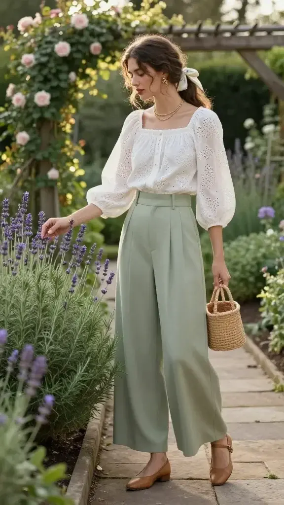 Golden-hour garden scene with an elegant woman embodying dreamy garden-core vibes, standing on a flagstone path between herb beds of rosemary, thyme, and lavender. She wears high-waisted, wide-leg trousers in soft sage, fluid and swishy, paired with a white smocked cotton eyelet blouse featuring puff sleeves. On her feet: camel leather slingback flats. Accessories include a mini woven basket bag held at her side, layered delicate gold chains at her collarbone, a botanical-inspired gold ring, and a pale silk hair ribbon tied at the end of a loose low ponytail. Her makeup is fresh and natural, with dewy skin and rosy lips. She gently reaches toward a lavender sprig, mid-motion, serene and poised. Background shows a cottage garden with climbing roses on a trellis, dappled sunlight filtering through leaves, and soft bokeh. Realistic, candid fashion photography style with shallow depth of field, soft color grading in muted greens and warm neutrals, 50mm lens look, high-resolution, no text.
