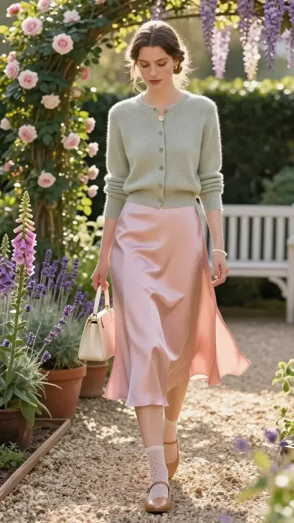 Golden-hour garden scene featuring an elegant woman embodying dreamy garden core style, strolling a pea-gravel path lined with climbing roses, foxgloves, and lavender. She wears a fine-gauge knit cardigan in soft sage, buttoned and tucked as a top, paired with a bias-cut satin midi skirt in petal pink that catches the light with a gentle sheen. On her feet: tan leather Mary Janes with delicate straps, sheer ankle socks with tiny dotted pattern peeking above. She carries a structured mini top-handle bag in cream, and accessorizes with a vintage-style gold locket and a single-strand pearl bracelet. Hair in a loose low bun with soft tendrils, natural dewy makeup. The mood is “I woke up serene”: quiet, romantic, and airy. Background includes a whitewashed garden bench, terracotta pots, and dappled sunlight through wisteria; soft breeze subtly lifting the skirt hem. Realistic, high-resolution fashion photography, shallow depth of field, 85mm lens look, warm filmic tones, soft backlight flare, no text.