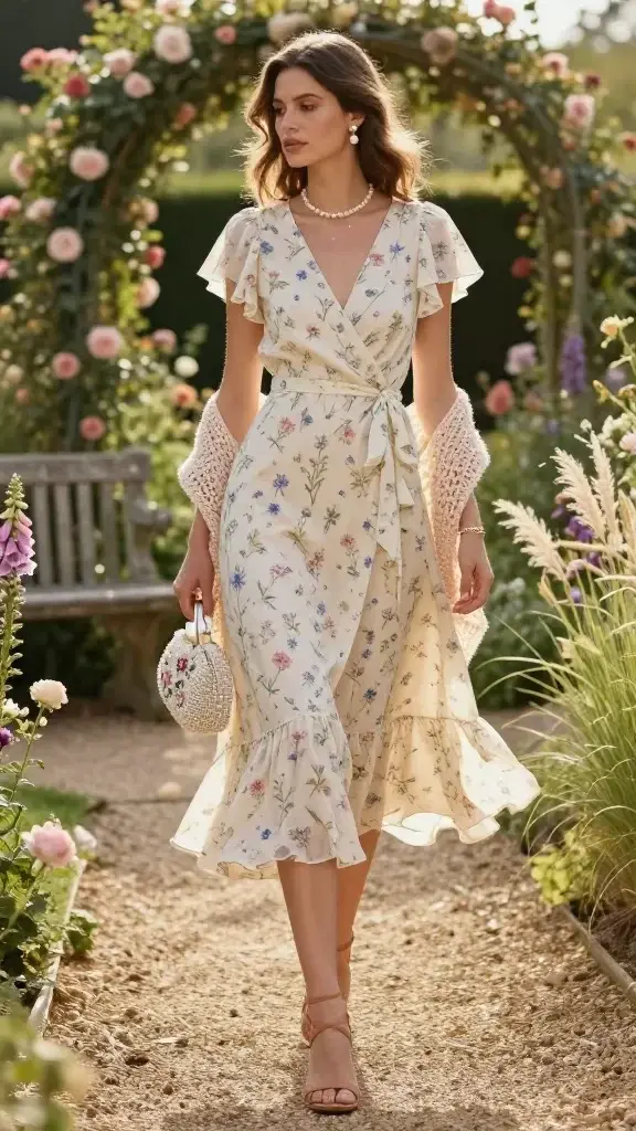 Golden-hour garden scene featuring an elegant woman embodying dreamy garden core style, standing on a sun-dappled gravel path lined with blooming roses, foxgloves, and wispy grasses. She wears a romantic wrap midi dress in a soft cream base with tiny wildflower print (pinks, cornflower blues, meadow greens), flutter sleeves, and a gently ruffled hem that catches a light breeze. Her heeled sandals are delicate, strappy, and tan, matching her skin tone for an elongated silhouette. She carries a small beaded/embroidered clutch in muted ivory with floral motifs. Jewelry is refined: drop pearl earrings and a thin gold bracelet. A lightweight crocheted shawl in pale blush is draped loosely over her forearms. Her hair is softly waved, half-up with a few face-framing tendrils; makeup is natural and dewy. The setting is a manicured cottage garden with a weathered stone bench, climbing roses on an arch, and soft bokeh of wildflowers. Warm, soft natural light with subtle lens flare; shallow depth of field; realistic textures of fabric, pearls, and crochet; high-resolution fashion photography, full-body portrait, candid poised stance, editorial yet wearable vibe, no text.