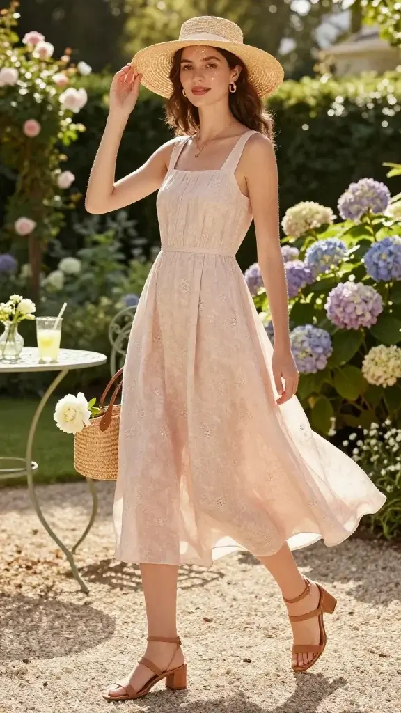 Golden-hour fashion photograph of an elegant woman at a summer garden party wearing a breezy linen midi dress in a soft pastel blush with subtle floral texture, fitted bodice and flowing A-line skirt that moves in the breeze; paired with tan low block-heel sandals, delicate layered gold necklaces, small gold hoop earrings, and a wide-brim straw hat casting dappled light on her face. She carries a petite woven basket bag with leather handles and a single white peony peeking out. Setting: manicured garden with blooming hydrangeas and climbing roses, wrought-iron bistro table with lemonade, sunlit greenery and soft bokeh in the background. Styling: minimal natural makeup with dewy skin, soft rosy lip, loose waves tucked behind one ear. Pose: mid-stride on a gravel path, gentle smile, one hand grazing the hat brim. Lighting: warm, soft backlighting with subtle lens flare, high-resolution, realistic textures of linen and straw, shallow depth of field, editorial fashion photography, 50mm lens look, no text.