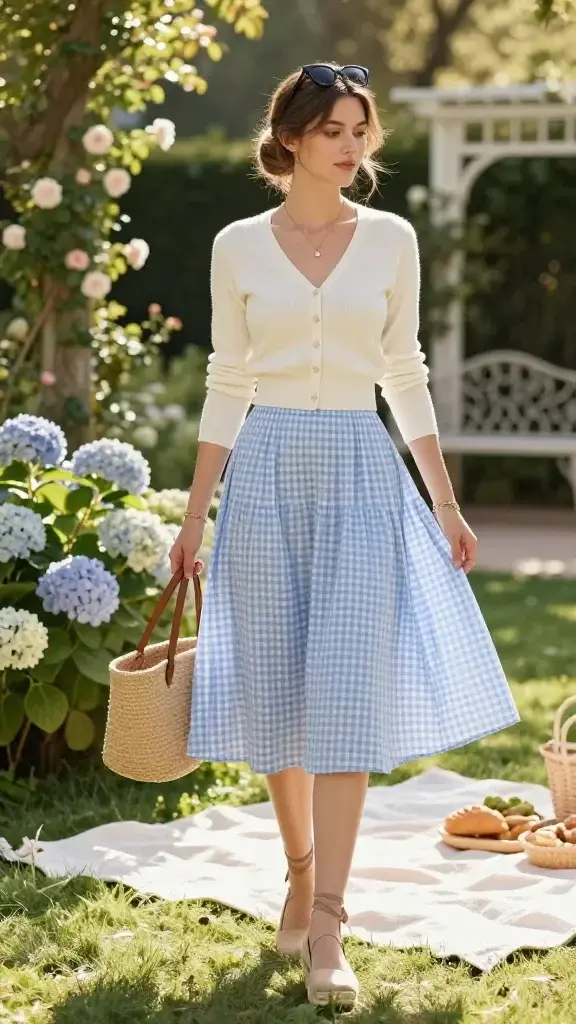 Golden-hour summer garden picnic scene with an elegant woman as the main subject, styled in a fitted cropped cardigan (soft ivory cotton) and a high-waisted A-line skirt in light blue gingham, knee-length with subtle twirl and movement. She wears tan canvas-and-jute espadrille wedges with ankle wrap ties, carries a structured straw tote with leather handles, and sports black cat-eye sunglasses resting on her head. Jewelry: delicate gold pendant necklace and a few thin gold stacking bracelets. Hair in a loose low bun with face-framing tendrils, natural glowing makeup. She stands on a manicured lawn near a white blanket picnic setup (no food focus), surrounded by blooming hydrangeas, climbing roses, and dappled sunlight filtering through trees. Background softly blurred: wrought-iron garden bench, white trellis, and a hint of a classic stone pathway. Color palette airy and fresh: ivories, pale blues, soft greens, warm straw tones. Realistic high-resolution fashion photography, 50mm lens look, shallow depth of field, soft backlighting for a breezy, effortless vibe, no text.
