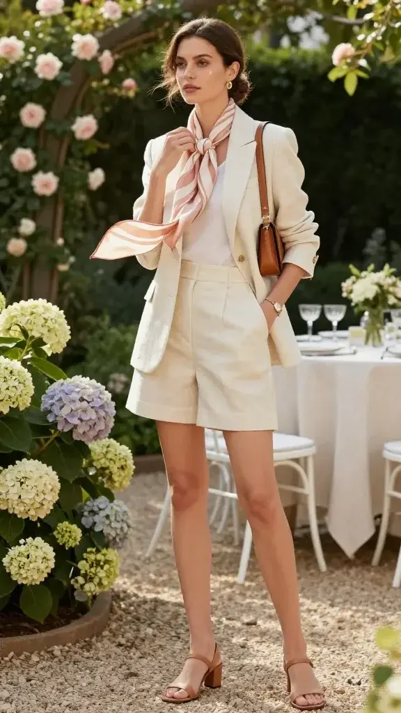 Golden-hour garden party scene featuring an elegant woman in a chic, tailored shorts suit. She wears a lightweight ivory linen-blend blazer with softly padded shoulders and rolled sleeves over matching high-waisted tailored shorts with clean front pleats. A silk scarf in a soft blush-and-ivory stripe is knotted loosely at her neck, ends fluttering gently. Minimal tan leather sandals with a tiny block heel, a structured boxy crossbody in smooth caramel leather worn on the shoulder, small gold hoop earrings, and a slim gold watch. Her hair is in a low, polished chignon; makeup is fresh and dewy. She stands on a gravel path bordered by blooming hydrangeas and climbing roses, sun-dappled foliage in the background, white bistro chairs and a linen-draped table with crystal coupes behind her. She adjusts the scarf with one hand, the other tucked casually into a pocket, projecting confident “I run the garden party” energy. Natural light, shallow depth of field, soft breeze moving the scarf and blazer hem, high-resolution editorial fashion photography, 50mm lens look, true-to-life colors, no text.