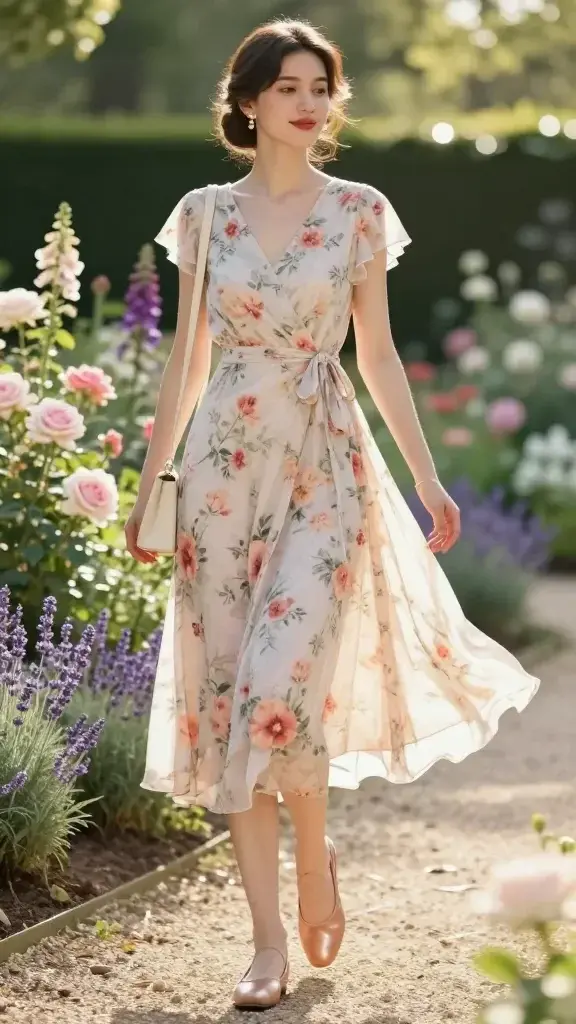 Golden-hour summer garden scene with an elegant woman in her 30s wearing a romantic floral wrap dress in breezy chiffon (soft pastel blossom print, midi length, flutter short sleeves, V-neckline, tie-waist), paired with classic blush leather ballet flats with a slight sheen. She carries a vintage-inspired mini shoulder bag in cream and wears delicate gold drop earrings and a slim gold cuff bracelet. A lightweight ivory cardigan is draped over her shoulders. She stands on a sun-dappled gravel path bordered by blooming roses, foxgloves, and lavender, with soft bokeh greenery and twinkle lights in the background. Her hair is softly waved in a low bun with loose tendrils, fresh natural makeup with a rosy lip. She’s mid-step, skirt gently catching the breeze, looking slightly off-camera with a serene smile. Realistic, high-resolution fashion photography, shallow depth of field, warm backlighting, subtle lens flare, editorial street-style composition, 50mm prime lens look. No text.