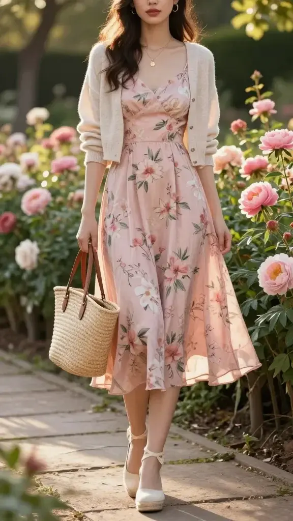 Golden-hour garden setting, a chic woman in her late 20s standing on a stone path among blooming roses and peonies, wearing a rosy floral midi garden dress with a soft A-line silhouette that sways gently at the hem. She carries a structured straw tote with tan leather handles in one hand, and wears cream espadrille wedges with ankle ties. Accessories include small gold hoop earrings and a delicate gold pendant necklace. A linen-blend cropped cardigan in a pale blush pastel is draped over her shoulders. Soft, natural makeup with rosy lips, loose wavy hair. Sunlight filters through trees creating dappled light on her dress, shallow depth of field, editorial street-style fashion photography, full-body shot at slight angle, high-resolution, realistic textures, no text.