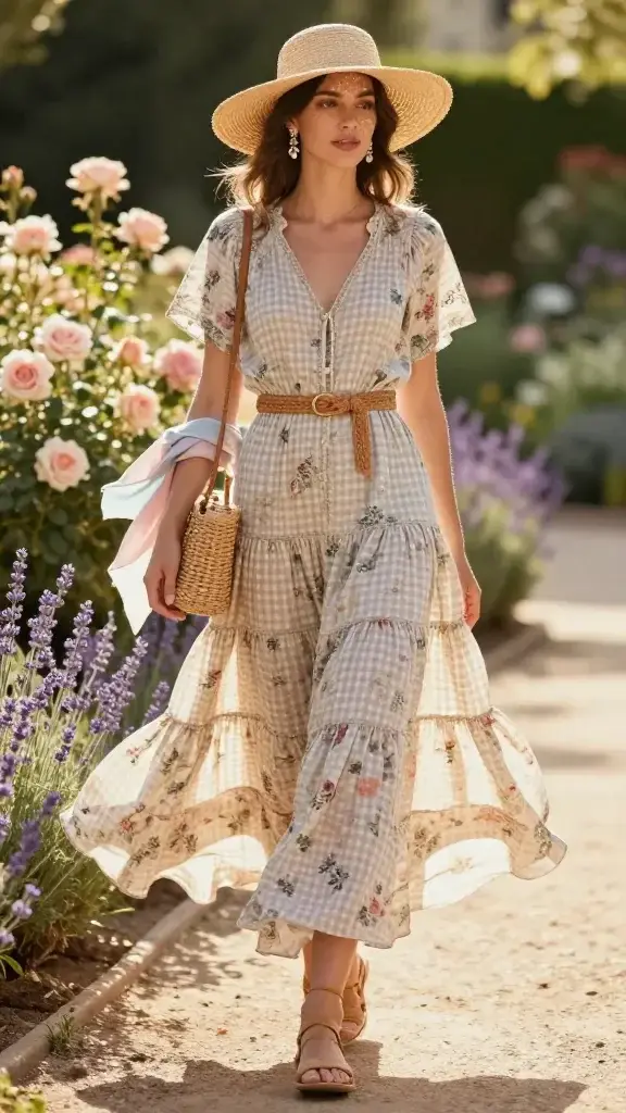 Golden-hour garden scene featuring a chic woman in a floaty cottagecore maxi garden dress that moves like a breeze—tiered silhouette in soft gingham or ditsy floral, belted at the waist with a woven tan belt. She wears tan strappy flat sandals and a wide-brim straw hat casting soft shadows on her face. Accessories include delicate pearl drop earrings, a rattan crossbody bag, and a lightweight pastel scarf draped loosely over one shoulder. She strolls along a sunlit path bordered by blooming roses and lavender, light wind lifting the dress hem for motion. Color palette: soft pastels, warm tans, and natural greens. Realistic, high-resolution fashion photography with shallow depth of field, natural sunlight flares, and filmic tones; full-body shot at mid-stride, candid expression, minimal makeup, softly tousled hair; editorial street-style angle, 50mm lens look. No text on image.