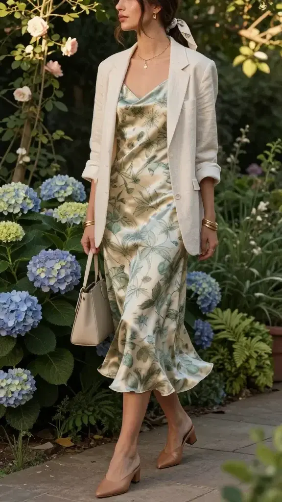 Realistic fashion photo of a chic woman in a lush garden at golden hour, wearing a botanical-print midi slip dress that drapes fluidly over her frame (muted green and cream florals on satin), layered with a softly structured linen blazer in cream pushed up at the sleeves. She pairs it with minimalist leather mules with a low block heel in tan, and carries a structured mini bag in a natural tone (light beige). Accessories: stacked slim gold bangles, a delicate thin gold chain with a tiny charm, and an optional soft silk ribbon tied at the end of a low ponytail. Styling aims for quiet luxury: clean makeup with dewy skin, soft rosy lip, effortless hair. She stands on stone pavers surrounded by blooming hydrangeas, climbing roses, and textured greenery; dappled sunlight filters through leaves, creating gentle highlights on the satin dress and linen blazer. Natural color palette with warm tones, shallow depth of field, cinematic bokeh, editorial street-style angle at mid-length, subtle movement in the dress hem. Ultra-realistic, high-resolution, no text, no logos.
