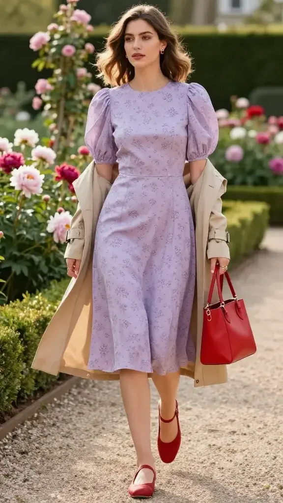 Realistic high-fashion street-style photo of a chic woman in a garden setting, wearing a puff-sleeve knee-length day dress that feels feminine and fresh. The dress is a soft pastel lavender with a subtle micro floral print, fitted at the waist with a gentle A-line skirt, flirty puff sleeves that add volume without looking costume-y. She pairs it with bold color-pop ballet flats in cherry red and a structured top-handle bag in matching bright red for a cohesive accent. Accessories include delicate stud earrings with a small ruby-like gemstone center, layered thin gold rings, and a lightweight trench in creamy tan draped over her shoulders for a breezy-day touch. The woman has natural, glowing makeup, soft waves in her hair, and a confident yet relaxed pose mid-stride along a gravel garden path lined with blooming peonies, climbing roses, and manicured hedges. Golden-hour lighting with soft, warm highlights and gentle shadows; shallow depth of field to blur the floral background; candid editorial composition shot on a 50mm lens. Color palette: pastels with saturated red accents and neutral trench. No logos or text, photorealistic, high resolution.