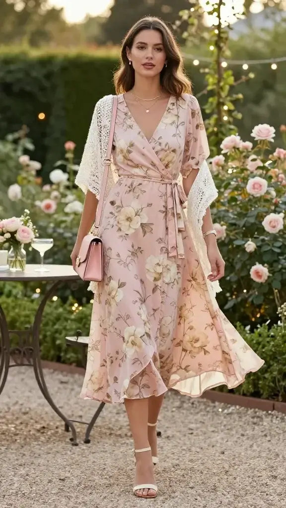 Golden-hour garden party scene featuring a chic woman wearing a romantic floral wrap dress in lightweight, breathable fabric that cinches at the waist and flows below the knee; the print is soft blush pink with painterly cream flowers. She pairs it with cream block-heel sandals, a blush mini shoulder bag with subtle gold hardware tucked under her arm, and layered delicate gold necklaces at two different lengths. On her wrist, a slim-strap minimalist watch; a crochet lace-trim shawl in ivory is draped loosely over her shoulders for evening warmth. The setting is a lush, manicured garden with blooming roses, climbing ivy, and string lights softly glowing; bokeh highlights through foliage. She stands on a gravel path beside a wrought-iron bistro table with a small bouquet and a coupe glass. Natural makeup with a soft rosy lip, loose wavy hair parted slightly to the side. Composition: three-quarter length, eye-level angle, candid mid-step with gentle dress movement. Styling emphasizes feminine polish and fresh garden-party elegance. Realistic high-resolution fashion photography, soft diffused backlight, warm color grading, shallow depth of field, no text.