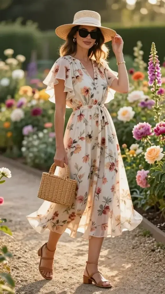 Realistic high-fashion street-style photo of an elegant woman in a flower garden at golden hour, wearing a floaty petal-print floral midi dress with a cinched waist and flutter sleeves. She pairs it with strappy tan leather sandals with a low block heel, a wicker rattan top-handle bag, a wide-brim straw hat with a soft ribbon, delicate gold hoop earrings and a thin gold bracelet, and cat-eye sunglasses with black frames. Sun-kissed, natural makeup with a soft pink lip, loose waves peeking from under the hat. She stands on a sun-dappled gravel path lined with blooming roses, peonies, and foxgloves; soft bokeh of colorful flowers in the background. Warm, glowing backlight highlights the dress’s movement and fabric texture. Candid mid-step pose, one hand lightly holding the bag, the other grazing the brim of her hat, relaxed smile. Color palette: blush, cream, sage, warm tan, and gold. Shot on a full-frame camera, 85mm lens, shallow depth of field, high-resolution, editorial-quality, no text.