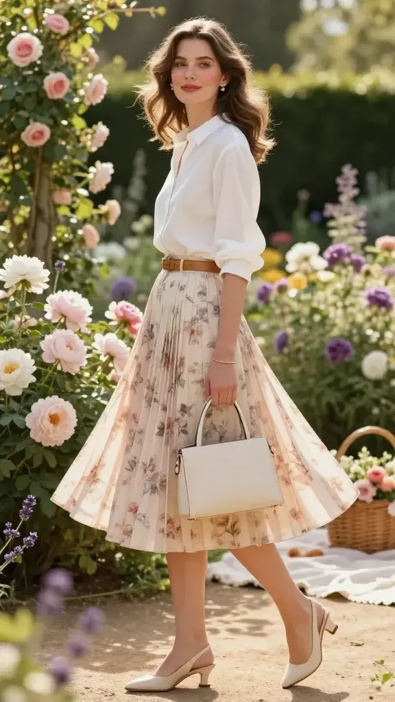 Golden-hour fashion photograph in a blooming flower garden featuring an elegant woman embodying a “chic flower garden” vibe. She wears a high-waisted, A-line pleated midi skirt in a soft pastel floral print that moves gently in the breeze, paired with a crisp white cotton poplin shirt with a slightly relaxed fit, neatly tucked in. Accessories: thin tan leather belt cinching the waist, cream kitten-heel slingback shoes, and an ivory top-handle mini bag held gracefully at her side. Subtle pearl stud earrings and a delicate gold bracelet. Hair softly waved, natural dewy makeup with rosy cheeks and a soft pink lip. Scene: lush English-style garden with climbing roses, peonies, and lavender; dappled sunlight filtering through leaves; picnic blanket with a wicker basket and fresh flowers in the background for context. Composition: 3/4 body shot, slight movement in the skirt, subject looking over shoulder with a serene smile. Styling palette: creams, blush, tan, and pastel florals. Photographic details: full-frame camera, 85mm lens, shallow depth of field (bokeh floral background), warm color grading, soft backlight rim highlighting hair, ultra-realistic texture on fabrics and leather, no text.