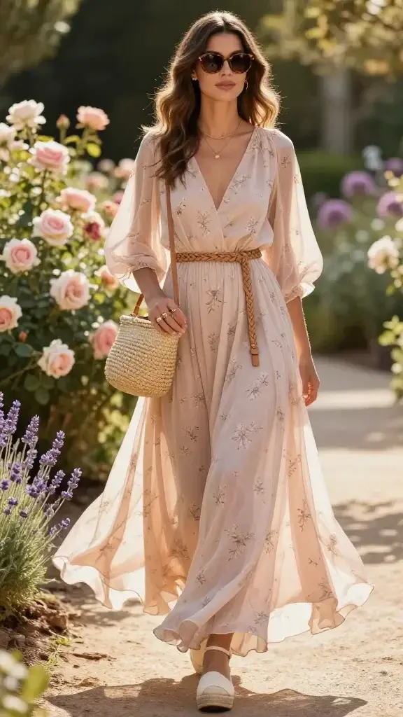 Realistic high-quality fashion photo of an elegant woman styled as a chic flower garden icon, strolling along a sunlit botanical garden pathway bordered by blooming roses and lavender. She wears a flowing lightweight chiffon maxi dress in a soft pastel blush with a subtle micro-floral print, the fabric catching a gentle breeze so the skirt floats. Her waist is defined with a sand-colored braided leather belt. On her feet: cream espadrille wedges with jute soles. Accessories: woven straw basket crossbody bag resting at hip, delicate gold pendant necklace and thin stackable gold rings, oversized round tortoiseshell sunglasses. Soft golden-hour sunlight creates warm highlights and soft shadows; background is softly blurred for depth of field. The overall palette is airy pastels and textured neutrals. Hair in loose, glossy waves; natural dewy makeup with a rosy lip. Photographed at eye level with a full-body 3/4 angle, editorial street-style composition, ultra-realistic detail, crisp focus on textures (chiffon, braid, weave), no text, no logos.