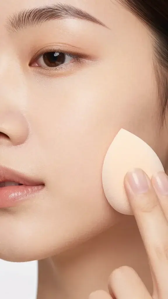Makeup sponge applying Luminous Silk to cheek