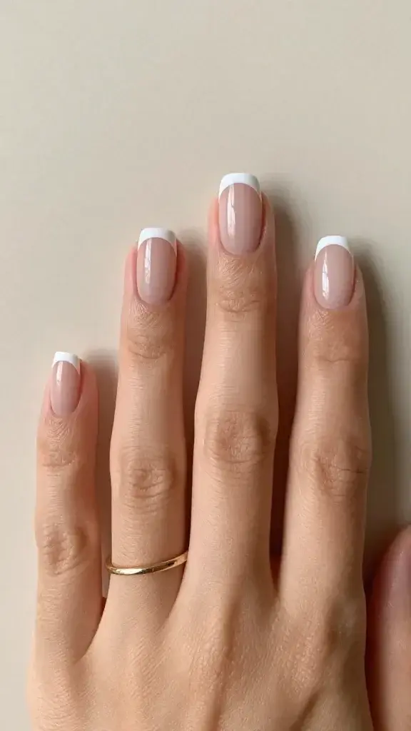 Top-down, hyper-realistic studio photograph of a single hand with short-to-medium, natural oval nails featuring a micro French manicure: ultra-fine, crisp soft-white tips (as thin as eyeliner), on a semi-sheer neutral nude base with a healthy, glossy finish. Skin tone is light-medium with warm undertones; cuticles are clean and moisturized. Lighting is soft, diffused daylight to highlight the subtle contrast between the sheer base and the delicate white line. Background is a minimal matte beige surface with a faint shadow from the hand for depth. Include a thin gold stacking ring on the index finger for an elevated everyday vibe. Composition centers the nails, showing even spacing and consistent micro-thin tip width across all nails, with natural skin texture retained and no heavy retouching.