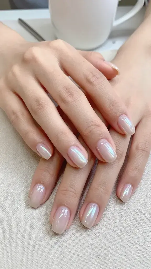 Top-view, hyper-realistic photo of a woman’s hands resting on a soft beige linen surface, showcasing short, neatly filed oval nails with a sheer pale pink base and a single coat of pearly iridescent “glazed donut” topper; finish is high-gloss but subtle, reflecting soft natural window light. The iridescence shifts delicately between pearl, champagne, and hint of opal—no glitter chunks, just smooth luminous sheen. Cuticles are clean and hydrated, skin tone is light-medium with neutral undertones. Include a white porcelain coffee cup and a slim silver pen slightly out of focus to suggest a professional, minimalist desk setting. Capture fine texture of the topper, smooth application with no streaks, and realistic micro-reflections on the glossy surface. Neutral, airy color palette; shallow depth of field; 50mm lens look; soft morning light; no logos; photorealistic.