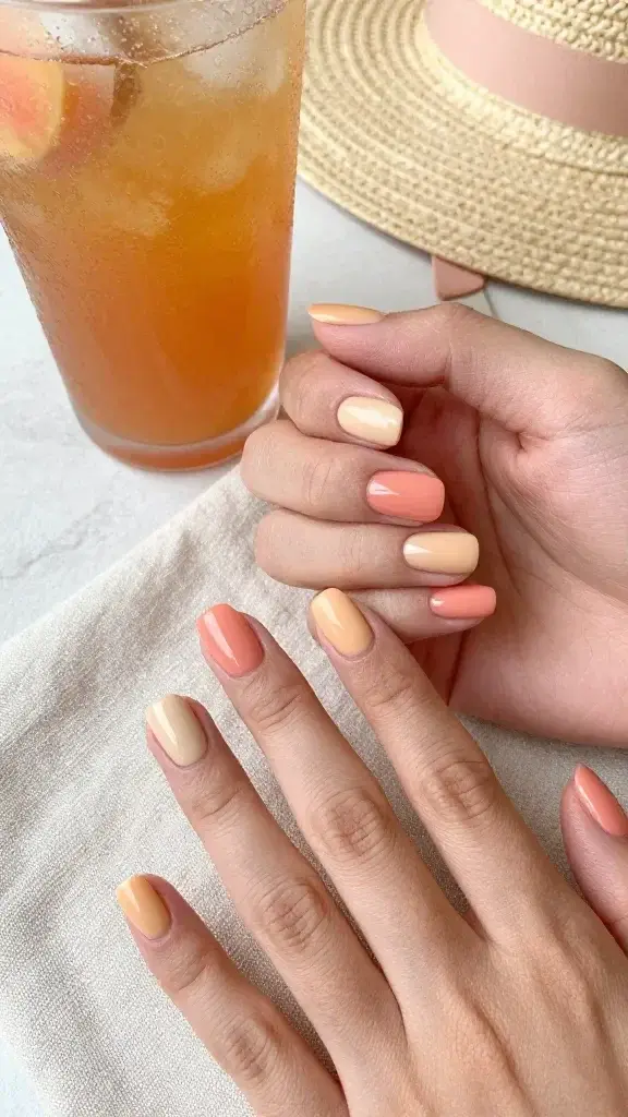 Top-down, hyper-realistic photo of a woman’s hands resting on a soft linen napkin beside a frosty iced peach tea with condensation, showcasing a short, rounded manicure in three complementary peach neutrals across both hands: thumb and pinky in apricot cream (sheer, milky peach with warm undertone for fair skin), index and ring fingers in true peach (creamy mid-tone, smooth opaque finish for medium skin), and middle finger in peachy coral (slightly deeper, sun-kissed coral-peach for deeper skin); nails have a glossy gel finish with subtle cuticle oil sheen, precise clean edges, and natural-length tips. Skin tone is medium-olive to demonstrate universal flattering effect; lighting is bright, diffused daylight from the left, creating soft shadows and a fresh summer glow. Background props include a woven straw hat brim and a paperback with a peach-toned bookmark to reinforce the summer vibe. Color palette is warm and cohesive, no harsh filters, ultra-detailed texture on nails, skin, and fabric, shallow depth of field to keep focus on the manicure, 50mm lens look, natural photo realism.