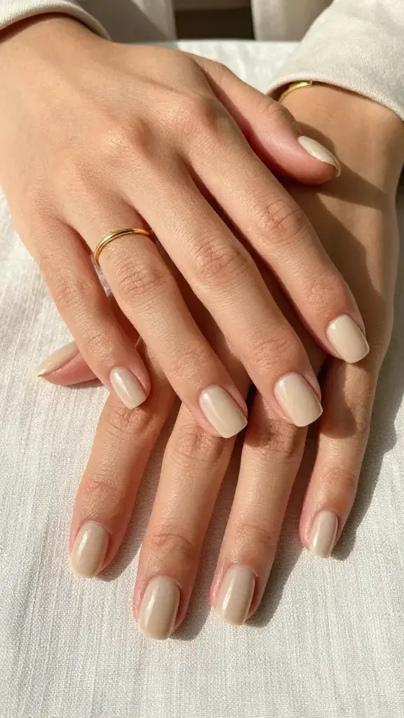 Top-down, hyper-realistic close-up photo of two hands resting on a soft, sunlit linen fabric, showcasing a “barely-there” beige manicure with a glassy, high-shine finish. Nails are medium-short, softly rounded square, perfectly framed cuticles, and an ultra-smooth buffed surface that reflects light like a mirror. The beige is tailored to a warm undertone: a creamy neutral with a hint of peach, no visible streaks, no shimmer, just pure glossy gel-like depth. Skin tone is medium-warm with golden undertones, moisturized and natural. Lighting is bright, diffused daylight from a window, creating soft highlights and gentle shadows that elongate the fingers. Background styling is minimal and elegant: a neutral linen, a gold thin ring on one finger, and a hint of a beige blazer cuff to emphasize versatility from boardroom to beach tote. Color palette stays cohesive in warm neutrals and gold. Camera at 90-degree angle, shallow depth of field focused on nail surfaces, ultra-high resolution, editorial beauty photography style.