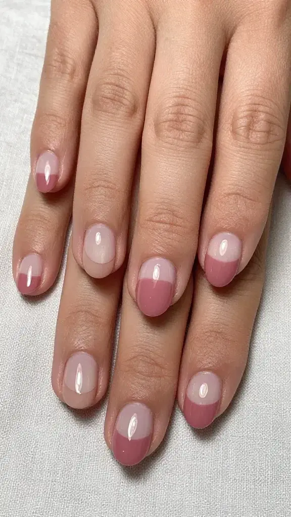 Top-down, ultra-realistic close-up photo of a well-groomed hand resting on a soft linen cloth in natural daylight, showcasing medium-length oval nails with a refined negative-space half-moon design. The lunula at each nail base is left completely bare, crisply carved into a smooth crescent using clean curved edges. A sheer milky base coat subtly blurs imperfections, while a single, even coat of dusty rose polish sits above each half-moon, creating a soft contrast without busy patterns. Cuticles are hydrated and tidy, skin tone is light-medium with warm undertones, and the finish is glossy yet not overly reflective. Include slight shadowing for depth, true-to-life texture on skin and linen, and accurate color rendition of dusty rose. No jewelry, no props, minimalist composition, editorial beauty lighting.
