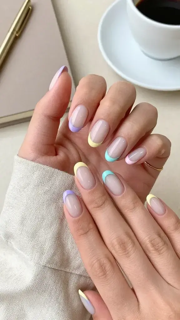 Top-down, hyper-realistic photo of a woman’s hands resting on a soft beige linen surface, showcasing short squoval nails with a sheer neutral milky-pink base and ultra-skinny pastel French tips. Each hand features a cohesive palette: left hand tips alternate lavender and butter yellow; right hand tips alternate mint and baby blue. The pastel lines are crisp, perfectly even, and very thin for a classy, understated look. Skin tone is medium-light with warm undertones, hydrated cuticles, and a subtle natural sheen. Lighting is bright, diffused daylight for true-to-color pastels and soft shadows. Background styling is minimal and office-friendly: a closed taupe notebook, a slim gold pen, and a white ceramic espresso cup slightly out of focus. No jewelry except a delicate thin gold band on one index finger. High-resolution macro detail emphasizes the glossy topcoat, clean smile lines, and modern wearable length. Color accuracy: lavender (cool soft lilac), mint (pale green with blue undertone), baby blue (powder blue), butter yellow (warm pastel). Mood: polished, professional, subtly playful, perfect for everyday wear.