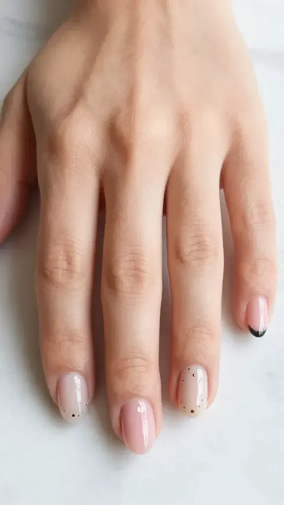 Top-down, high-resolution realistic photo of a single hand resting on a softly lit marble surface, showcasing short, neatly filed oval nails with a glassy shine. Three minimalist dot-accent styles are combined across different fingers for variety: index and middle fingers feature a sheer pink base with a single crisp white micro-dot placed just above the cuticle; ring finger has a neutral beige base with a tiny gold metallic dot centered near the cuticle; thumb and pinky display a semi-opaque milky base with ultra-fine black micro-dots precisely at the very tips. Skin tone is light-medium with natural texture, cuticles are clean and hydrated, no visible brush strokes. Lighting is bright and diffused to emphasize the glossy finish and subtle transparency of the bases, with shallow depth of field keeping all nails in sharp focus and the background softly blurred. No jewelry, no text, no logos—just elegant, minimalist nail art that feels wearable and modern.