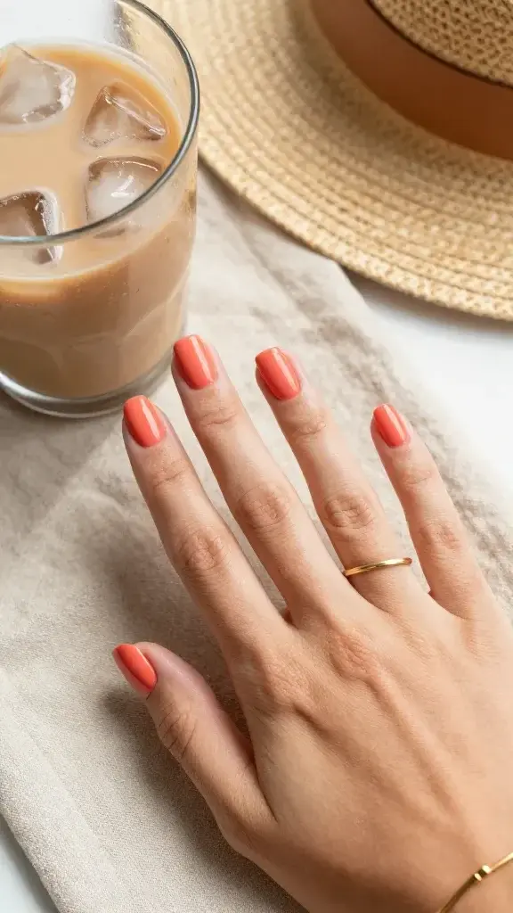 Top-down, high-resolution, realistic photo of a woman’s left hand resting on a warm beige linen napkin beside a clear glass of iced latte with condensation, soft morning window light. Nails are short-to-medium oval, painted in a mid-tone soft coral (not neon), finished with a smooth satin/velvet sheen—subtly light-diffusing, less shiny than gloss, not matte. Two even, thin coats are visible with clean edges and no streaks. Skin has a light sun-kissed bronze tone with a natural glow. Minimal, tasteful gold jewelry: a thin hammered gold band on the ring finger and a delicate gold bracelet. Background includes a straw beach hat brim slightly out of focus and a folded tan leather tote strap for lifestyle context. Color palette: coral nails, bronzy skin, neutrals and warm gold accents. Emphasize texture of satin finish on nails, soft shadows, natural skin details, and realistic lighting. No logos, no text, no excessive gloss. Photography style: editorial beauty flat lay, shallow depth of field, true-to-life color.