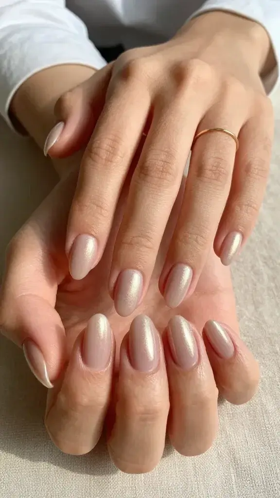Top-down, ultra-realistic close-up photo of a woman’s hands resting on a soft beige linen surface, showcasing short to medium almond-shaped nails with a sheer nude base and a delicate champagne chrome dust finish that gives a subtle candlelit gleam. The nails look smooth and glassy, with an even, no-wipe gel top coat that enhances the chrome’s soft reflection—no harsh mirror effect, just a gentle, editorial glow. The nude is neutral-beige with a hint of pink undertone, and the chrome is ultra-fine, evenly buffed for a diffused, minimalist sheen. Lighting is natural window light, slightly warm, creating soft shadows and a refined, clean-girl aesthetic. Skin tone is light-medium with natural texture and minimal retouching; cuticles are neatly groomed and hydrated. No nail art, no rhinestones—pure simplicity. Include a blurred background of a white cotton shirt cuff and a gold minimalist ring on one finger to emphasize everyday elegance. High resolution, shallow depth of field, crisp detail on nail surface and chrome diffusion.