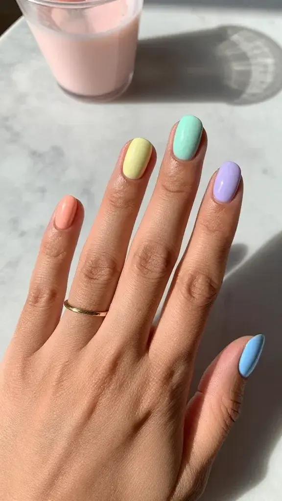 Top-down, high-resolution, realistic photo of a single hand resting on a sunlit marble tabletop, showcasing a chic “sorbet skittles” manicure with one glossy pastel shade per nail: peach on the thumb, lemon on the index, mint on the middle, lavender on the ring, and sky blue on the pinky. Nails are short to medium, softly rounded, evenly shaped, and impeccably polished with a glassy, fresh-melt sheen. Skin tone is warm-medium with natural texture; cuticles are neat and hydrated. Soft natural daylight creates gentle highlights and color-true reflections, no harsh shadows. Minimal styling: a thin gold ring on the ring finger and a frosty sorbet cup blurred in the background for context. Color balance emphasizes soft sherbet hues, crisp focus on nails, shallow depth of field, ultra-realistic detail.