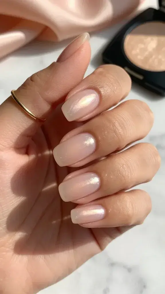 Top-down, ultra-realistic macro photo of a single hand resting on a sunlit marble surface, showcasing short, neatly filed oval nails with a “Glazed Donut Glow 2.0” finish: sheer nude base with a soft pink-beige undertone, topped with one ultra-thin layer of pearly chrome that shifts subtly to peach and champagne in the light, sealed with a glass-like, high-gloss top coat. The nails look luminous and expensive, with a dewy, highlight-like sheen that flatters medium-tan skin with warm undertones. Natural soft daylight from the left creates delicate specular highlights and gentle shadows, emphasizing the chrome’s peach-champagne shift without harsh reflections. Minimal, clean cuticles, hydrated skin, no visible brushstrokes. Styling details: a thin, polished gold band ring on the index finger; background includes a blurred peach silk scarf and a champagne-toned compact highlighter for color harmony. Camera: 50mm equivalent macro, f/4 for crisp nail detail with soft falloff, high-resolution, true-to-life color, no filter, editorial beauty aesthetic.