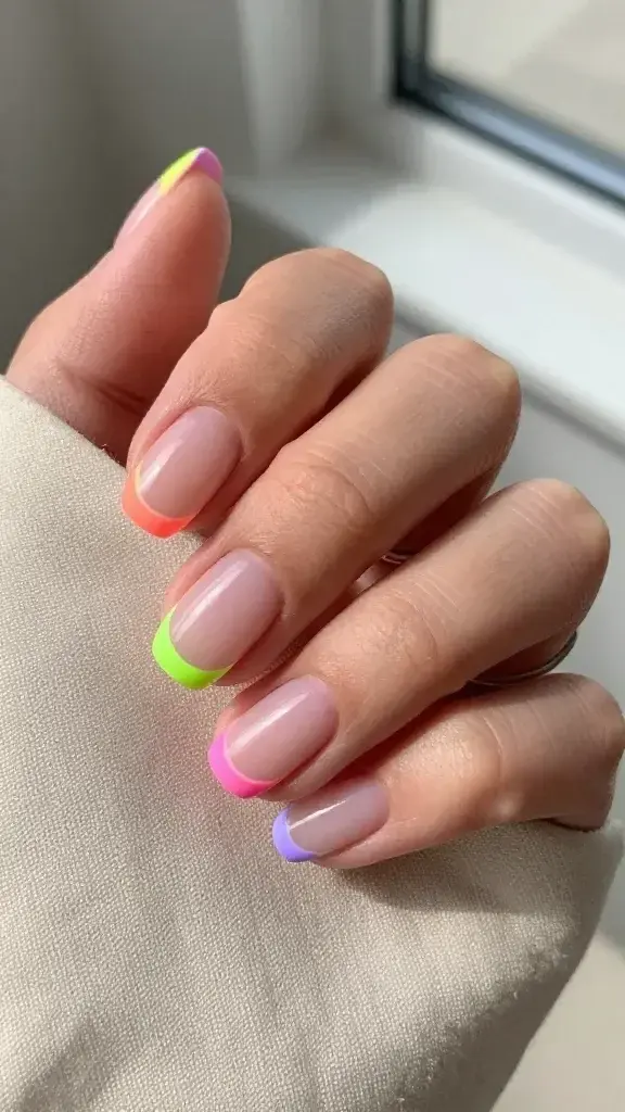 Top-down, ultra-realistic photo of a single hand resting on a soft beige linen surface, showcasing a clean, modern “soft neon French” manicure on short, naturally rounded nails; sheer pink milky base with ultra-thin, precise smile lines in three alternating neon shades: lime on thumb and middle, coral on index and pinky, electric lilac on ring; tips are delicate and slim, following a gentle natural curve (not chunky), with crisp edges and high-gloss finish; subtle daylight from a window creates soft shadows and natural skin texture, capturing fine cuticle care and hydrated skin; include a slim silver ring on the index finger for understated elegance; color palette stays refined, with the neon edges giving a subtle pop suitable for an office look; hyper-detailed, 50mm lens, shallow depth of field focusing on the tips, no harsh reflections, editorial beauty photography style.