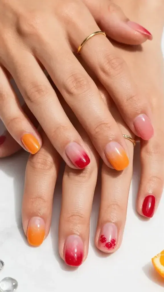 Top-down, ultra-realistic studio photo of a woman’s hands resting lightly on a sunlit white marble surface, showcasing short, softly rounded nails painted with glossy jelly sheer polish in a gradient: thumb and index in tangerine jelly, middle in raspberry jelly, ring and pinky in cherry red jelly. The finish is high-shine, translucent, and cushiony—like gummy candy—with visible natural nail beneath and smooth, self-leveled surfaces; no streaks, no bubbles. Apply two thin coats for juicy depth, edges clean and cuticles hydrated with a subtle sheen. Skin has a warm, lightly tanned summer glow with soft, natural texture. Hands are adorned with delicate minimal gold stacking rings (one thin band on the index, a tiny pavé band on the ring finger, and a micro-signet on the pinky) to complement the colors. Lighting is bright and diffused, creating crisp reflections on the nails and gentle shadows; color tones remain true and vibrant. Background props minimal: a blurred slice of tangerine and a few clear glass pebbles out of focus to evoke freshness. Shot on a 50mm macro lens, f/5.6, high resolution, emphasis on glassy translucence, juicy color payoff, and healthy, plush nail appearance.