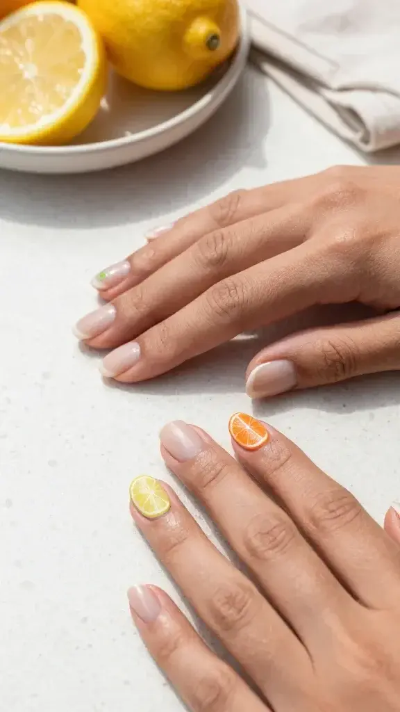Top-down, close-up realistic photo of two hands resting on a sunlit white terrazzo table near a soft-focus citrus bowl; nails are short, neatly filed squoval with a sheer nude base (slight pink-beige tint, natural nail lines visible). Only two accent nails feature tiny citrus micro art: on the left hand’s ring finger, a delicate semi-translucent lemon slice (pale yellow with thin white pith ring and three faint segments) placed near the cuticle at a slight angle; on the right hand’s middle finger, a tiny orange wedge (vibrant tangerine with a crisp white rind and subtle segment lines) positioned at the free edge. A minuscule lime dot (fresh green with a hairline white ring) sits near the sidewall of the left index nail. Art lines are ultra-fine, precise, and minimal, avoiding cartoonish thickness. Finish is matte under the artwork to prevent bleeding, then sealed with a high-gloss top coat over all nails, creating a sleek, glassy shine that catches natural light. Skin tone is medium-tan with hydrated cuticles, no dryness. Lighting is bright, natural, and diffused, casting soft shadows; color palette is clean and summery. Depth of field is shallow, keeping nails razor sharp while background citrus (lemons, limes, oranges) and a folded linen napkin blur gently. No stickers or decals—hand-painted look with subtle texture visible on citrus segments. Composition centered on the two accent nails, realistic texture, editorial beauty photography style.