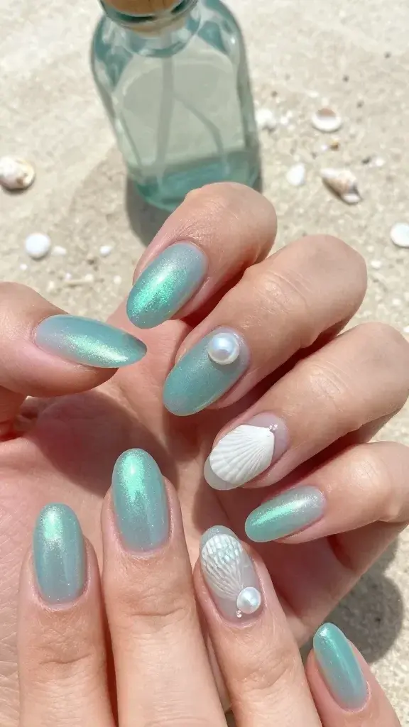 Top-down, high-resolution close-up photo of a hand resting on a pale sand-textured surface with scattered tiny seashells and a soft sea-glass bottle in the background, showcasing medium-length almond nails with a translucent sea-glass teal to iridescent blue-green base. The base has a subtle micro-flake shimmer that shifts turquoise, mint, and soft aqua under natural daylight. Two accent nails (ring and thumb) feature minimal seashell-inspired details: a single tiny flat-back pearl near the cuticle on the ring finger and a delicate, wafer-thin shell decal at the sidewall of the thumb, both secured with a clear builder-gel dot that looks smooth and flush. Finish is glossy but not glassy—soft, wet-look shine. Cuticles are clean and hydrated, skin tone is light olive with natural texture. No chunky glitter, no heavy embellishments—ethereal, beachy, and refined. Color palette: sea-glass teal, iridescent blue-green, pearl white. Photorealistic macro, shallow depth of field, crisp focus on nail surfaces and shimmer shift, soft sunlit highlights, editorial beauty lighting.