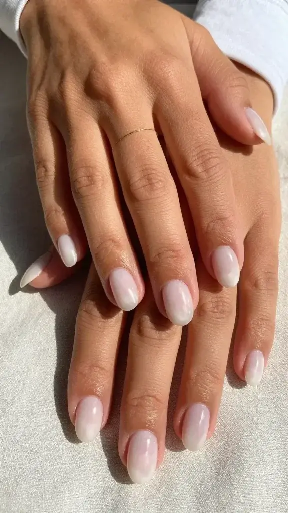 Top-down realistic close-up photo of a woman’s hands resting on a soft linen surface, showcasing short, oval-shaped nails painted in a sheer milky coconut white. Two thin coats create a translucent, jelly-like finish with subtle pink undertones—half the nails glossy glass-like, half with a soft matte top coat for a dreamy cloud effect. Skin is medium-tan with a healthy glow, cuticles hydrated with a light sheen of cuticle oil. Natural daylight from the left casts gentle shadows; color palette is neutral and summery. No harsh opacity or stark tip white—finish appears breathable and non-chalky. Include a delicate gold ring and a white cotton cuff for styling. Ultra-detailed, high-resolution, editorial beauty photography.