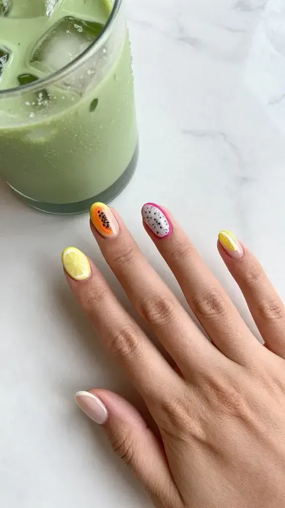 Top-down, hyper-realistic close-up photo of a left hand resting on a cool white marble tabletop beside a condensation-beaded iced matcha in a clear glass; short oval nails with a milky sheer pink-beige base and crisp negative space. Each nail features chic, off-center tropical fruit micro-art: index has a tiny lemon slice with a thin white rind and soft yellow pulp, middle shows a petite papaya half with coral-orange flesh and a precise line of black seeds, ring displays a miniature dragon fruit slice with white speckled center and hot-pink edge, pinky has a tiny lemon wedge, and thumb features a small dragon fruit crescent. Fruit motifs are ultra-fine, glossy, and slightly raised like gel, aligned toward the sidewalls or near the cuticle to keep open space. Cuticles are clean and hydrated, skin tone is warm medium with natural texture. Soft daylight from the left creates gentle shadows, high-resolution detail reveals subtle glass reflections and marble veining. Color palette: milky nude base, crisp white, sunny yellow, coral-orange, hot pink, black seed dots, and soft green matcha tones. Mood: minimal, chic, Instagram-ready. Camera: macro top view, 50mm equivalent, shallow depth of field, natural light, no harsh filters.