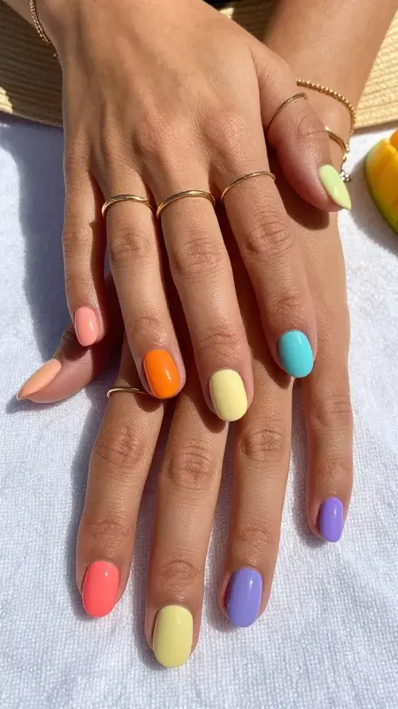 Top-down, hyper-realistic close-up photo of both hands resting on a sunlit white linen towel, showcasing a “sorbet skittle” manicure: short, softly rounded nails, each painted a different creamy sherbet shade with a gel-like glossy finish. Left hand (thumb to pinky): peach, coral, tangerine, butter yellow, cantaloupe. Right hand (thumb to pinky): pistachio, mint, pool blue, periwinkle, lilac, with one neon raspberry accent nail on the right ring finger. Skin tone is warm medium with a subtle vacation glow, cuticles neat and hydrated. Hands are styled with a minimalist stack of thin polished gold rings on multiple fingers, plus a delicate gold chain bracelet partly in frame. Natural sunlight creates soft shadows and gentle highlights on the nails and rings. Background details include a blurred straw sunhat brim and a hint of a mango slice near the corner for color harmony. Ultra-detailed texture: visible fine linen weave, slight reflection of sky in the glossy polish, realistic skin texture. Color palette stays in the same sorbet family—vibrant yet cohesive, playful not chaotic. Shot in 50mm equivalent, shallow depth of field, high-resolution, true-to-life color, editorial beauty lighting.