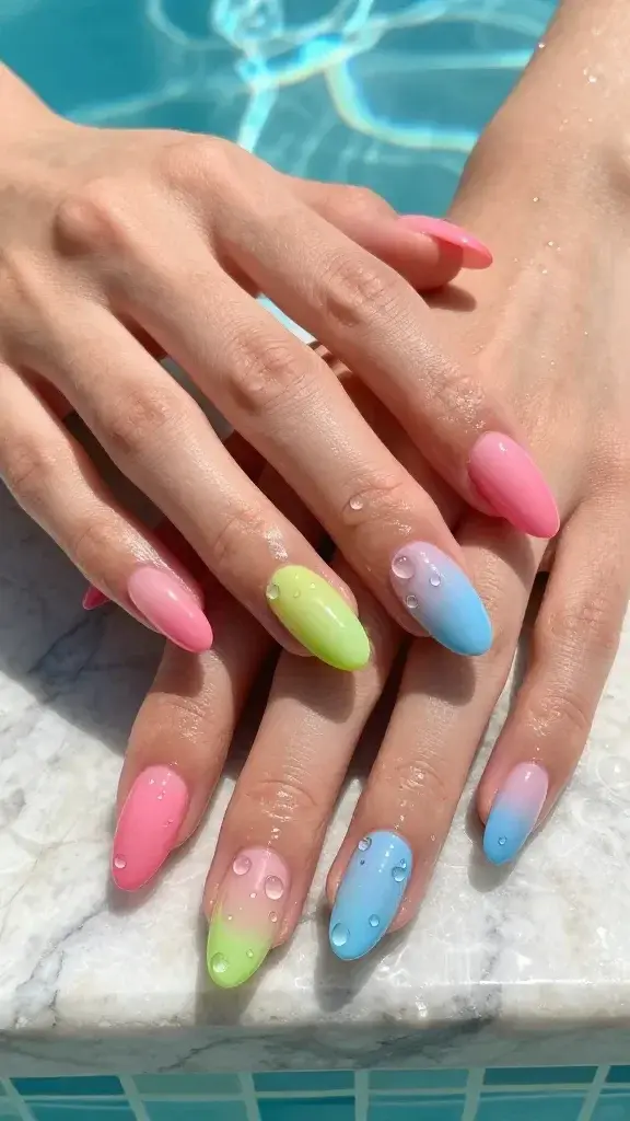 Top-down, ultra-realistic macro photo of both hands resting on a sunlit poolside marble ledge, showcasing medium-length almond jelly nails in a summery gradient: thumb–index in sheer watermelon pink, middle–ring in sheer lime, pinky in sheer sky blue. Nails are perfectly translucent and glossy, like gummy candy, with high-shine reflections. Each nail features scattered 3D “water droplet” accents made with clear builder gel—varying sizes=