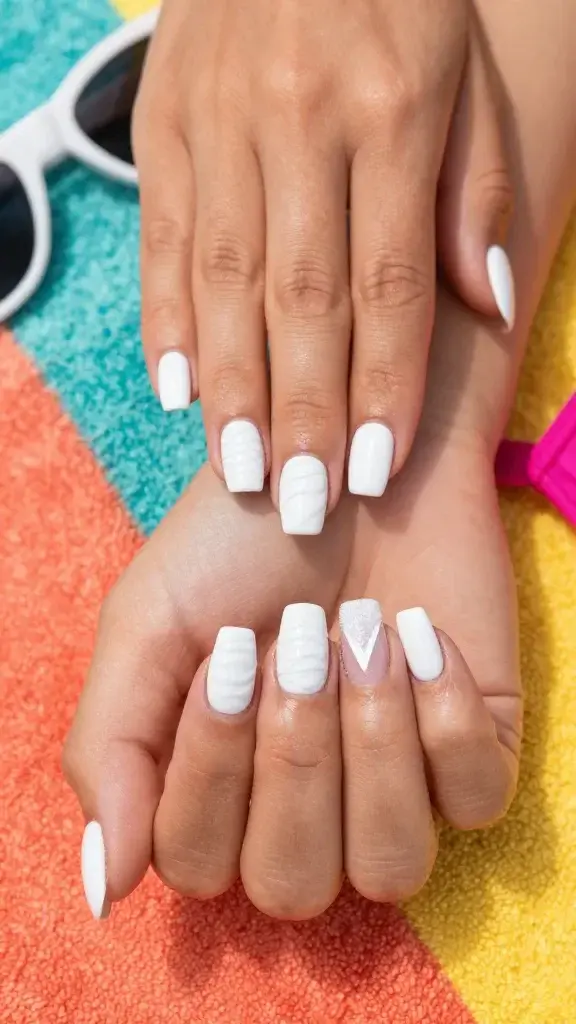 Top-down, ultra-realistic studio photo of two hands with a fresh vacation manicure on medium-length squoval nails painted pure, bright white. The design features a high-impact texture mix: alternating nails showcase a subtle tonal pattern using matte vs. glossy top coats—index and ring fingers have a wavy, crocodile-embossed effect in glossy over matte, while middle and pinky fingers feature a crisp diagonal matte/gloss switch creating a sleek, tonal V. Thumbs and tips have a delicate “sugar” glitter frost only at the French tips, catching light with fine, icy sparkle. Skin tone is sun-kissed tan with soft, natural texture, cuticles clean and hydrated. Hands rest on a vibrant, color-blocked beach towel (aqua, coral, and lemon yellow) beside white sunglasses and a hint of a bright fuchsia swimsuit strap in frame for summer context. Lighting is bright, diffused daylight for clean highlights and true whites, minimal shadows, high detail macro focus on nail texture and finish contrast, shallow depth of field to keep background soft but colorful. No logos, no text, realistic color accuracy, editorial beauty photography aesthetic.