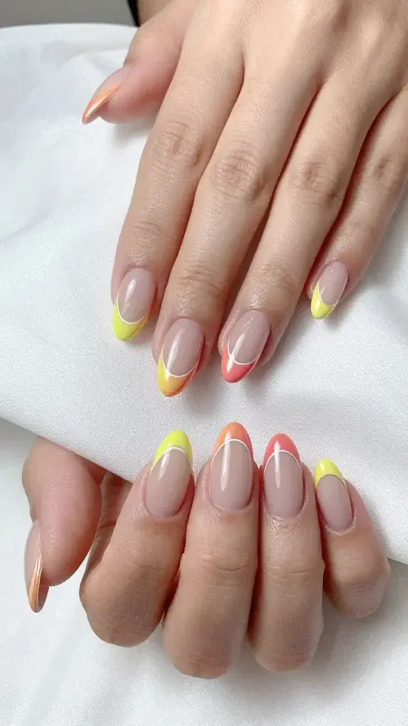 Top-down, ultra-realistic studio photo of both hands resting lightly on a soft white linen backdrop, showcasing a chic “Citrus Chrome French With Swoops” manicure. Nails are medium-length almond, with a sheer neutral pink-beige base to let the chrome pop. Each tip features a swooped French arc that follows the natural smile line, rendered in high-shine citrus chrome gradients: alternating lemon-lime and soft grapefruit pink-orange crescents. The swoops are slightly asymmetrical and elongated to visually lengthen the nails, with a razor-thin outline in crisp white or mirror-silver tracing the curve for definition. Finish is glassy and pristine with no brush strokes visible. Skin is well-moisturized with a natural tone, cuticles immaculate, no dust or lint. Soft, diffused daylight from the left creates gentle reflections on the chrome arcs and a clean, editorial feel. Depth of field sharp across all nails, color-true rendering, high resolution beauty photography suitable for Instagram.