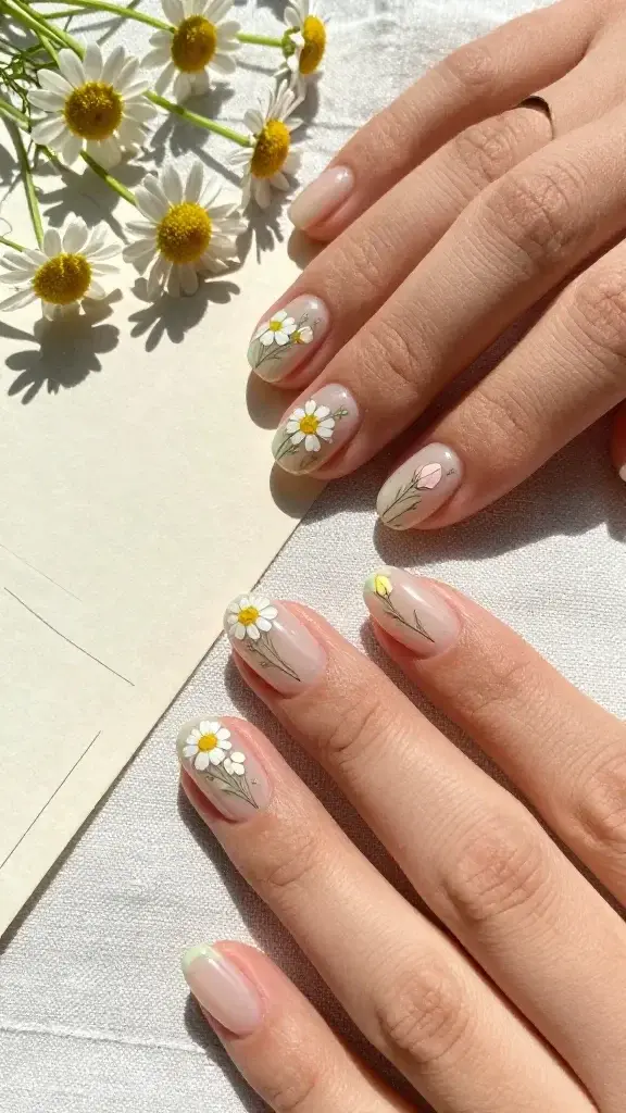 Top-down, ultra-realistic macro photo of a hand resting on a sunlit linen tablecloth beside a vintage postcard and a sprig of wild chamomile. Short oval nails with a sheer, milky nude base and crisp negative space. On each nail, delicate postcard-style wildflower sketches placed asymmetrically along the cuticle or one side only: tiny white daisies with sunny yellow centers and slender pale green stems, plus soft blush-pink buds—no more than three colors total (white, soft pink, pale green with small yellow centers). Fine, inky linework outlines petals and stems, keeping the rest of the nail bare for airy negative space. Super-glossy, gel-like top coat that catches natural window light, emphasizing shine and crisp lines. Skin tone light olive with natural texture, minimal retouching. Shallow depth of field, soft morning glow, high-resolution realism, no text or logos, lifestyle vibe suitable for a romantic garden lunch.