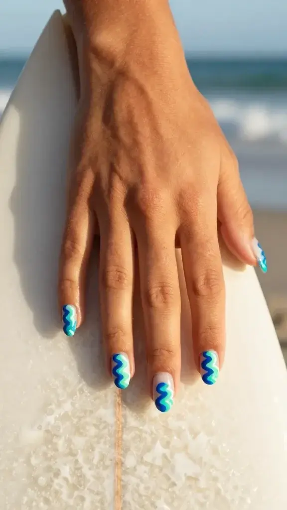 Top-down, high-resolution realistic photo of a left hand resting on a sun-warmed white surfboard with wax texture near the beach shoreline. Nails are medium-length oval with a sheer milky jelly base. Each nail features skinny, wiggly Y2K-style graphic wave lines in layered surf tones: deep cobalt blue, turquoise, seafoam green, and crisp white, with varied wave thicknesses to avoid uniformity. Index and ring fingers have bolder mid-width swells; thumb, middle, and pinky feature finer, ribbon-like curves for balance. Lines are painted with a striping-brush finish—clean, glossy, and slightly raised. Subtle seawater droplets speckle the board and cuticles. Soft natural sunlight at golden hour, gentle shadows, ocean foam bokeh and a teal-blue shoreline blur in the background. Skin tone warm tan with a few salt-spray freckles. Ultra-detailed, lifelike texture, color-accurate surf palette, shallow depth of field emphasizing the dynamic wave art, editorial beauty photography style.