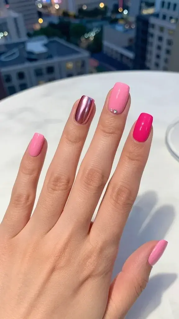 Top-view, hyper-realistic close-up photo of a well-manicured hand showcasing “Barbiecore Pink, But Elevated” nails on a softly lit marble tabletop with a blurred rooftop cityscape in the background. Nails feature a cohesive hot pink with the same cool undertone across finishes: index and pinky glossy jelly-hot-pink, middle finger chrome hot pink with mirror shine, ring finger matte hot pink as the accent. One subtle embellishment: a single tiny silver rhinestone placed near the cuticle on the matte ring finger. Short square shape on all nails, crisp edges, perfectly clean cuticles, natural skin tone with soft highlight and no visible dryness. Lighting is bright but diffused, giving true-to-color pinks and gentle specular highlights on the glossy and chrome nails; matte reads velvety with no glare. Depth of field keeps all nails sharply in focus while background (sparkling city lights, a hint of a coupe glass rim) is tastefully blurred to suggest rooftop-party vibes. Color accuracy is paramount: the hot pink remains consistent across finishes, with the chrome reflecting subtle pink and silver tones, the glossy nails glassy and reflective, and the matte richly saturated. Composition centered on the hand splayed naturally, fingers slightly fanned, showing symmetry and editorial polish. Smooth skin texture, no rings, no distractions; overall look: modern, elevated Barbiecore that feels Instagram-ready.